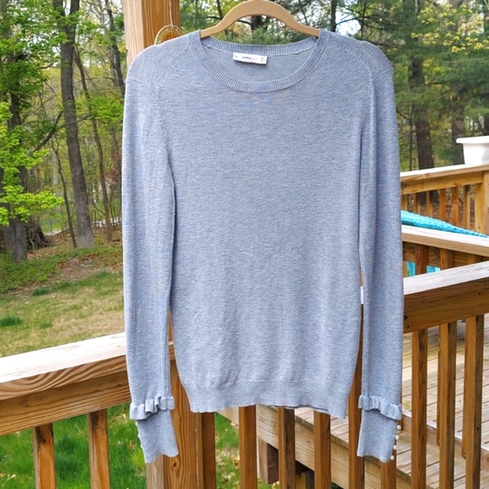 Zara Grey soft Ruffle Pearl Cuff Crew Neck Long Sweater Sz M